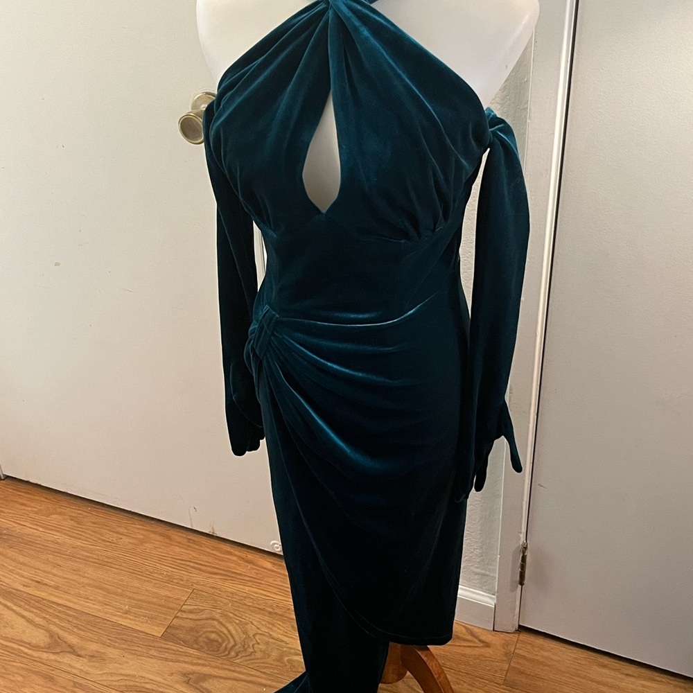 Vixen by Micheline Pitt Teal Velvet Halter Gown Matching Gloves INCLUDED size M - Picture 3 of 6